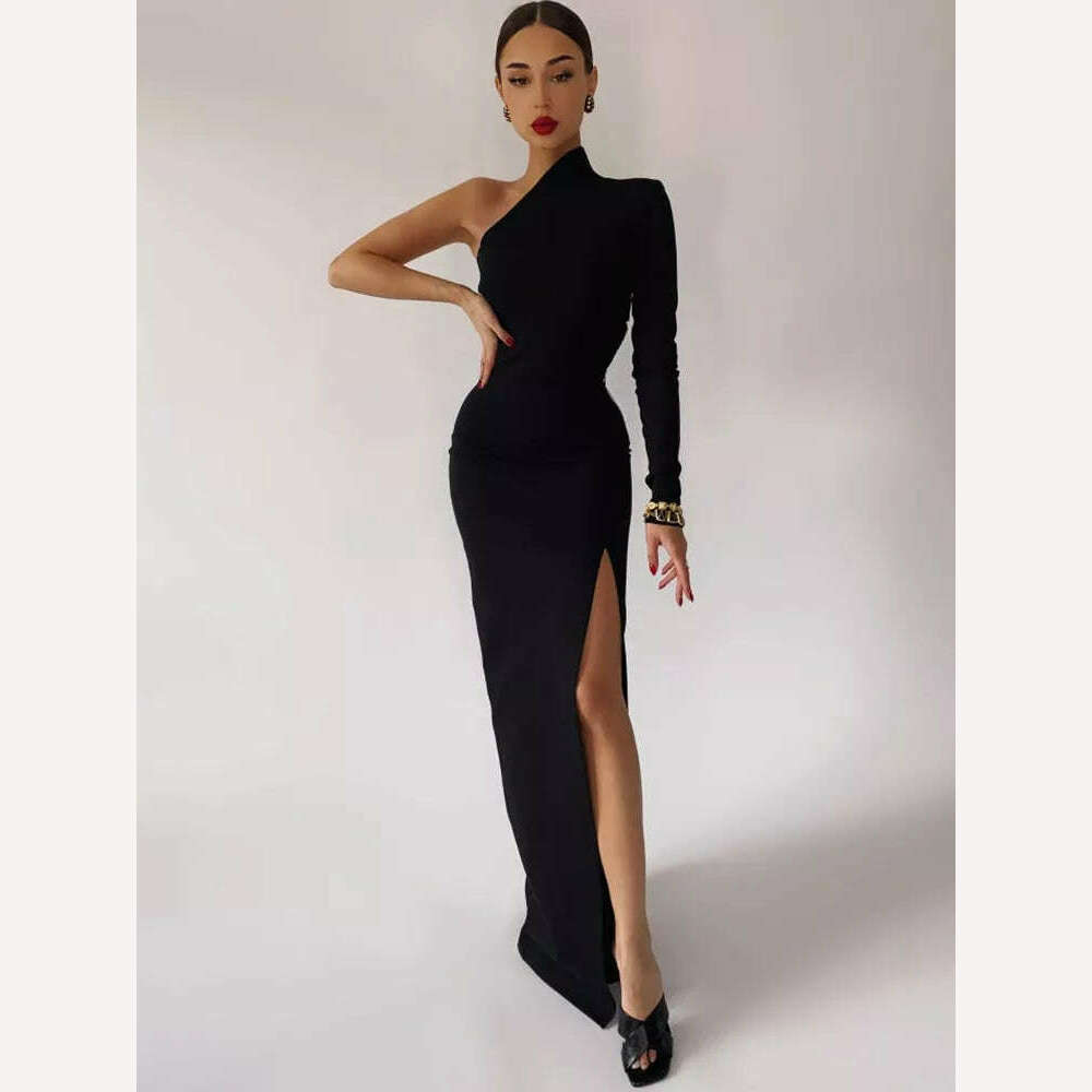 KIMLUD, Long Elegant Dresses for Women Summer One Shoulder Maxi Dress Bodycon Sexy Black Slit Fomal Wedding Evening Party Dress 2022, KIMLUD Womens Clothes