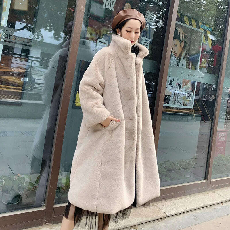 KIMLUD, Long Faux Fur Coat Women Fashion Solid Color Artificial Mink Fur Jacket Winter Thick Warm Velvet Plush Overcoat Female Clothing, Beige / S, KIMLUD APPAREL - Womens Clothes