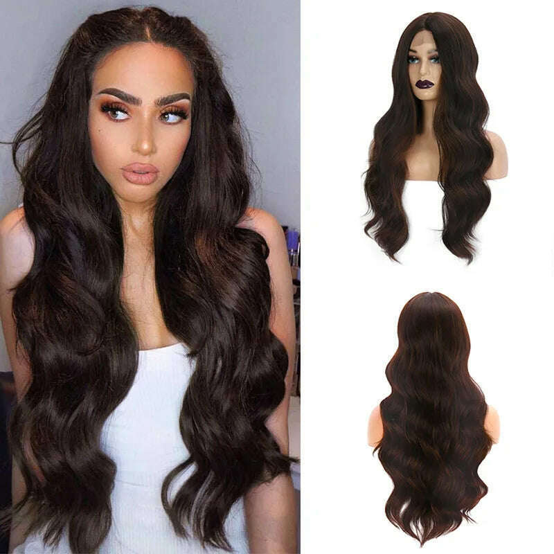 KIMLUD, Long Hair Female Lace Wig Brown Black Big Wave Synthetic Curly Hair Natural Realistic Fluffy Women Daily Cosplay Heat Resistance, KIMLUD Womens Clothes