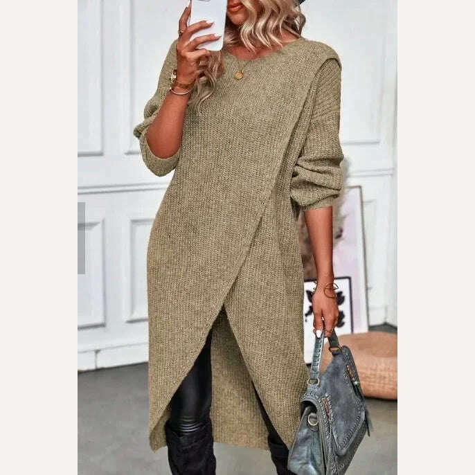 KIMLUD, Long Knitted Sweater Women 2023 Gray Pullovers Autumn Winter Khaki Warm Fur Jumpers Maxi Y2k E-girl Jumper Work Sueter Mujer, khaki / S, KIMLUD APPAREL - Womens Clothes