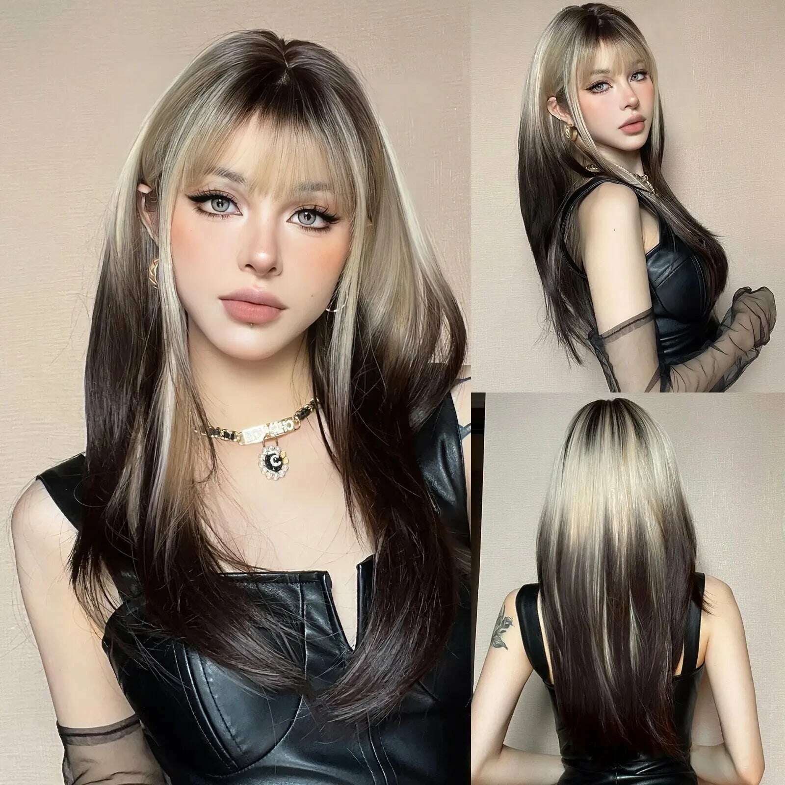 KIMLUD, Long Purple Black Ombre Synthetic Wig Straight Wigs with Bangs for Women Cosplay Lolita Wigs Daily Natural Heat Resistant Fibre, 22INCHES / 1 pc / LC3032-1, KIMLUD APPAREL - Womens Clothes