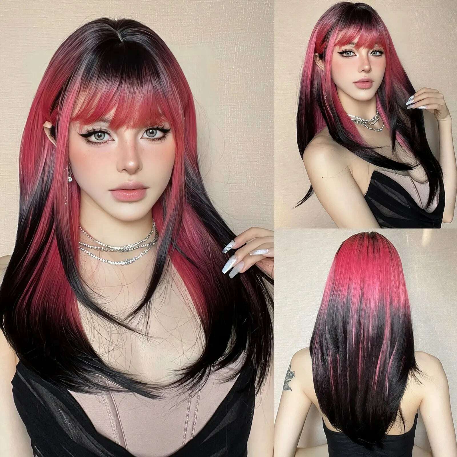 KIMLUD, Long Purple Black Ombre Synthetic Wig Straight Wigs with Bangs for Women Cosplay Lolita Wigs Daily Natural Heat Resistant Fibre, KIMLUD Womens Clothes