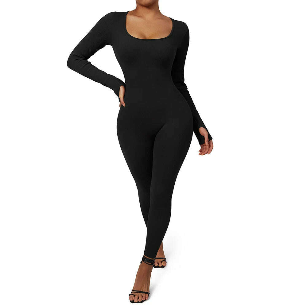 KIMLUD, Long Sleeve Jumpsuit Women Bodycon One-piece Outfit Jumpsuit Square Neck Casual Streetwear Rompers Overalls playsuits Bodysuit, SJ003BK / S, KIMLUD APPAREL - Womens Clothes