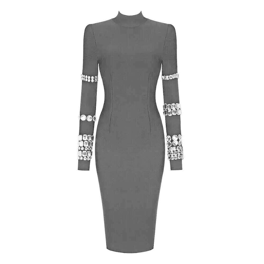 Long Sleeve Luxury Diamonds Bandage Dress Women Turn-down Collor Crystal Design Midi Bodycon Elegant Celebrity Party Dresses - KIMLUD