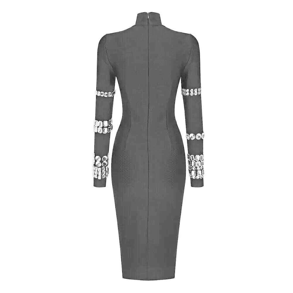 Long Sleeve Luxury Diamonds Bandage Dress Women Turn-down Collor Crystal Design Midi Bodycon Elegant Celebrity Party Dresses - KIMLUD