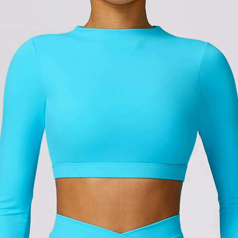 KIMLUD, Long Sleeve Solidcolor Лонгслив Женский Open Back Yoga Top Training Crop Top Fitness Gym Sports Top Workout Running T-Shirt, Blue / M, KIMLUD APPAREL - Womens Clothes