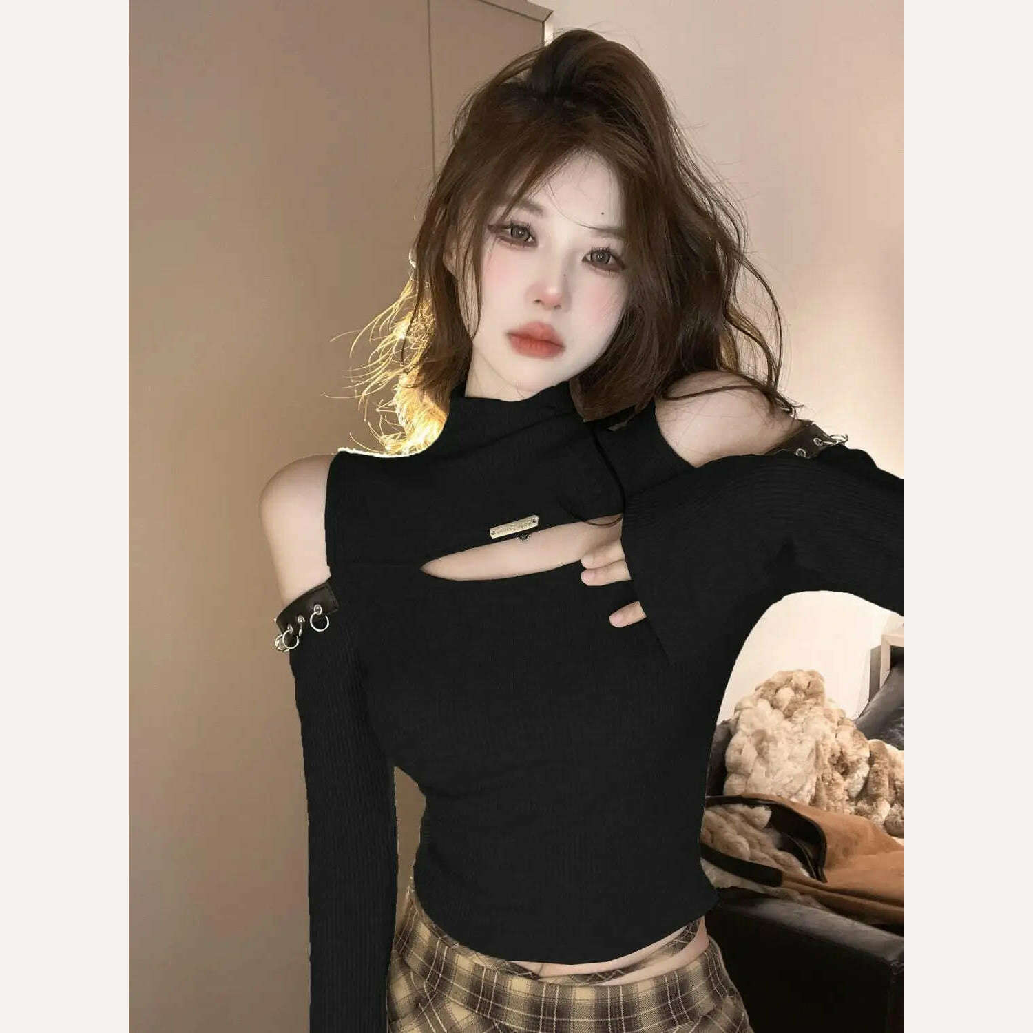 KIMLUD, Long Sleeve T-shirts Women Hollow Out Spliced Slim-fit Sexy Autumn Turtleneck All-match Off Shoulder Hot Girls Streetwear Soft, black / S, KIMLUD APPAREL - Womens Clothes