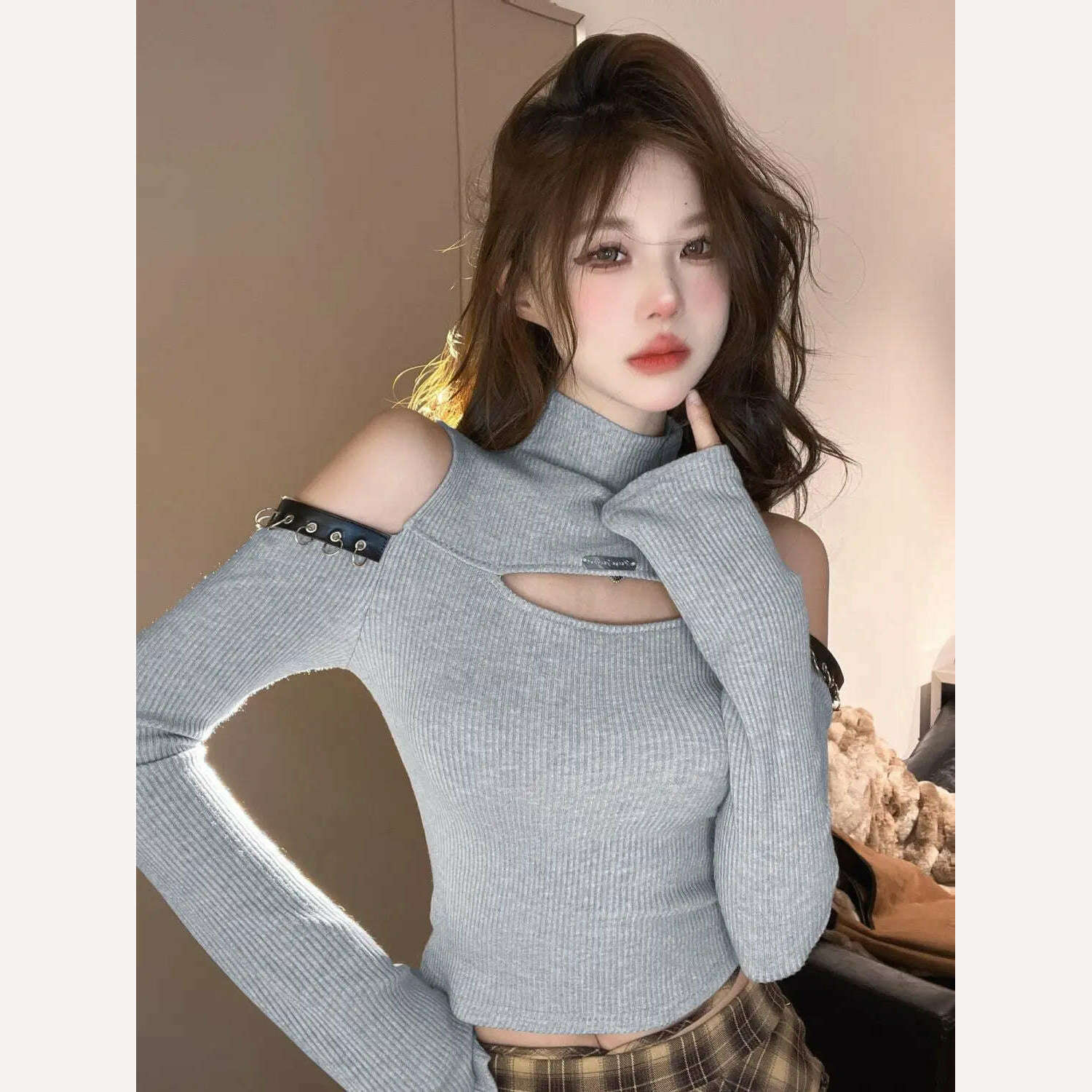 KIMLUD, Long Sleeve T-shirts Women Hollow Out Spliced Slim-fit Sexy Autumn Turtleneck All-match Off Shoulder Hot Girls Streetwear Soft, gray / S, KIMLUD APPAREL - Womens Clothes