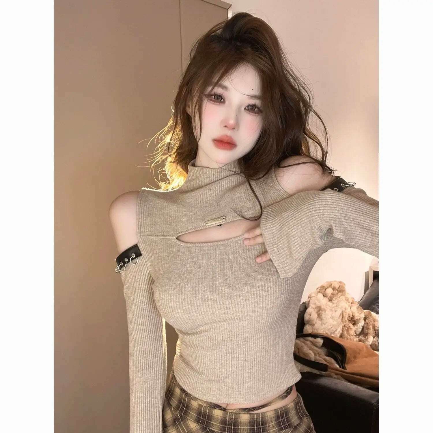 KIMLUD, Long Sleeve T-shirts Women Hollow Out Spliced Slim-fit Sexy Autumn Turtleneck All-match Off Shoulder Hot Girls Streetwear Soft, khaki / S, KIMLUD APPAREL - Womens Clothes