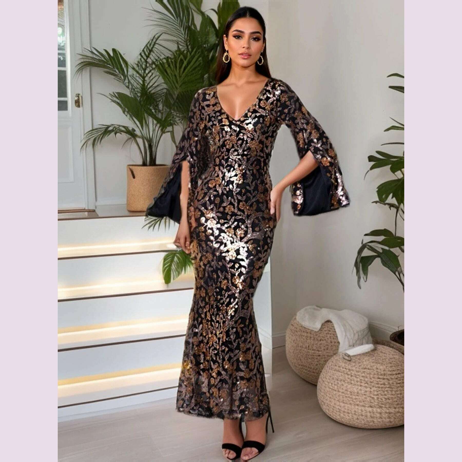 Long Sleeves Sexy V Neck Celebrity Party Dress Flowers Sequined Elegant Celebrity Evening Prom Gown Cocktail Dresses Women 2024 - KIMLUD