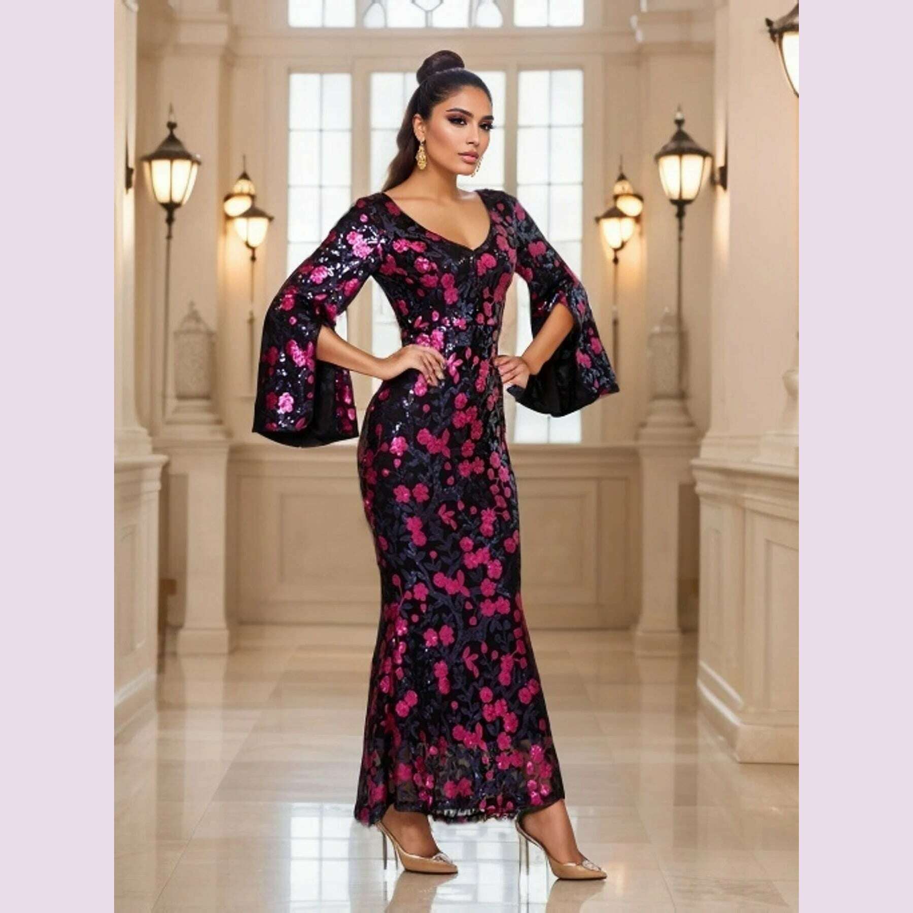 Long Sleeves Sexy V Neck Celebrity Party Dress Flowers Sequined Elegant Celebrity Evening Prom Gown Cocktail Dresses Women 2024 - KIMLUD