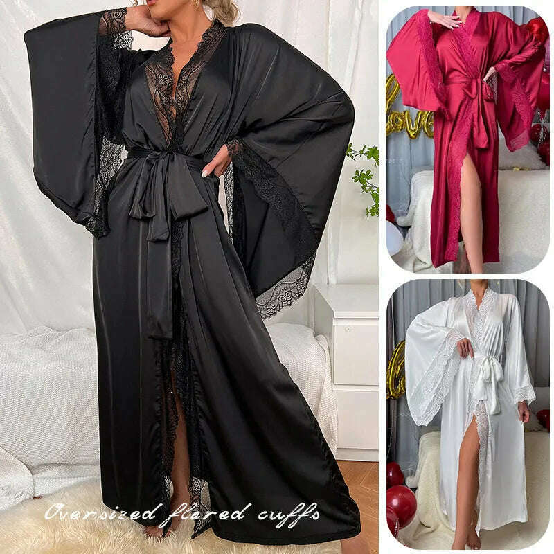 Long Solid Kimono Robe Women Sexy Lace Patchwork Bathrobe Gown Flare Sleeve Sleepwear Nightwear Bride Wedding Robes Loungewear - KIMLUD