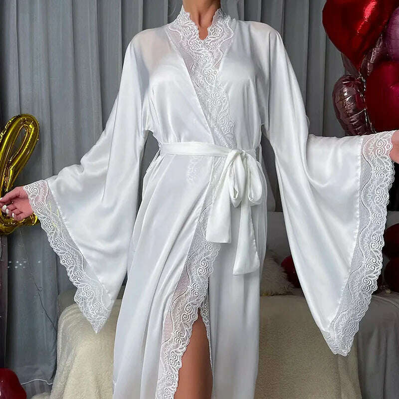 Long Solid Kimono Robe Women Sexy Lace Patchwork Bathrobe Gown Flare Sleeve Sleepwear Nightwear Bride Wedding Robes Loungewear - KIMLUD