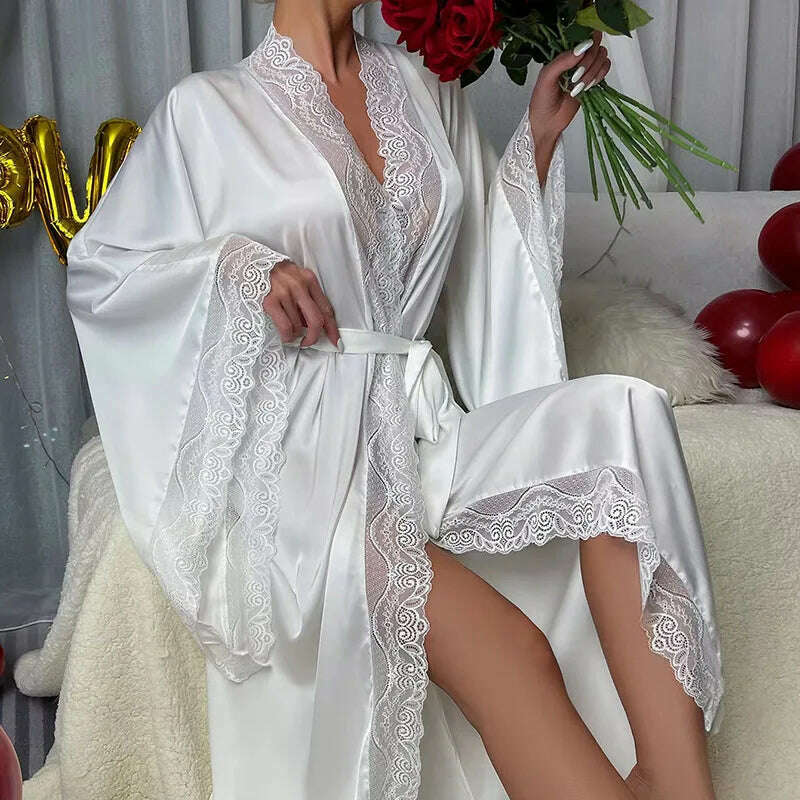 KIMLUD, Long Solid Kimono Robe Women Sexy Lace Patchwork Bathrobe Gown Flare Sleeve Sleepwear Nightwear Bride Wedding Robes Loungewear, White A / S, KIMLUD APPAREL - Womens Clothes