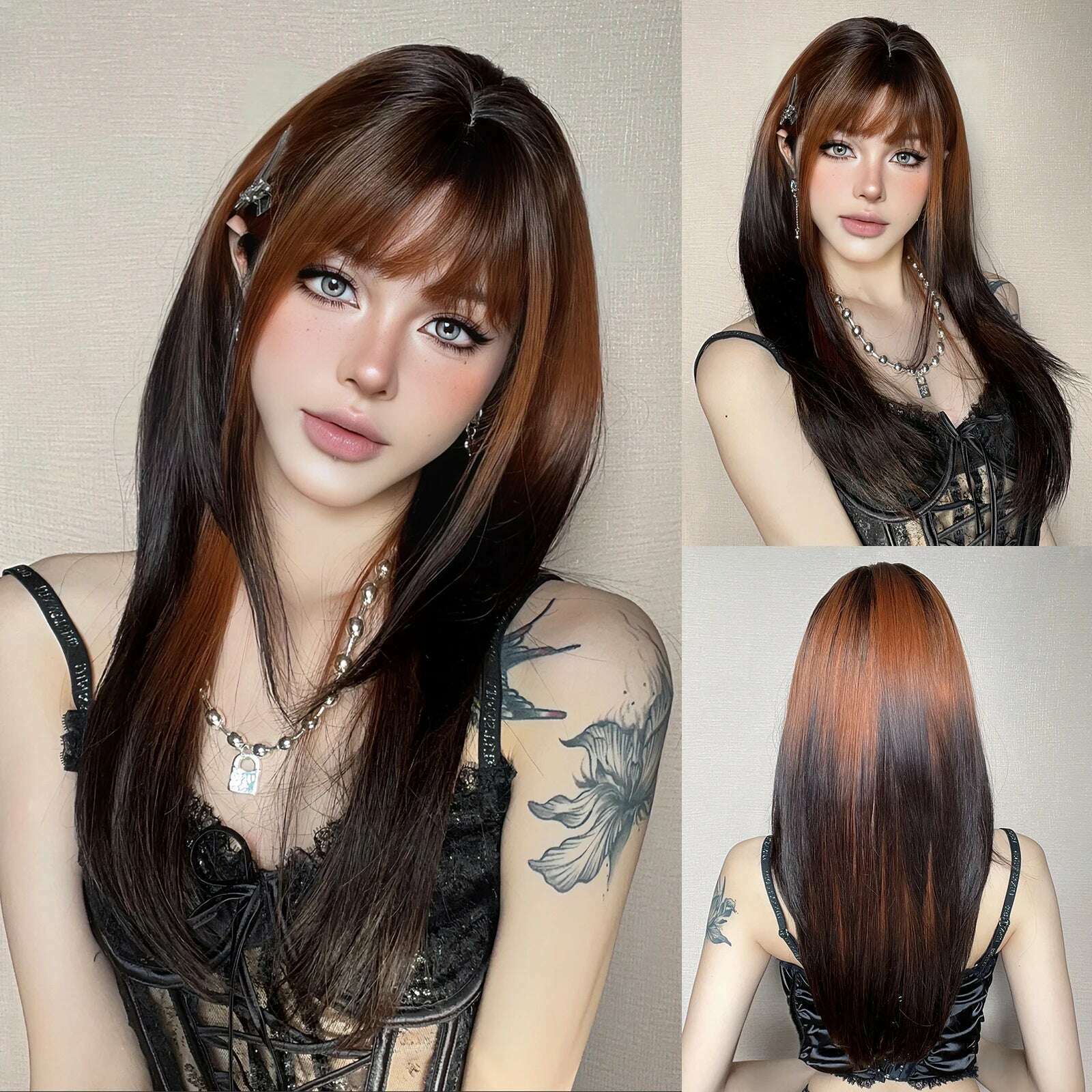 Long Straight Ginger Copper to Brown Ombre Cosplay Hair Wig Long Layered Synthetic Wigs with Bangs for White Women Korean Use - KIMLUD