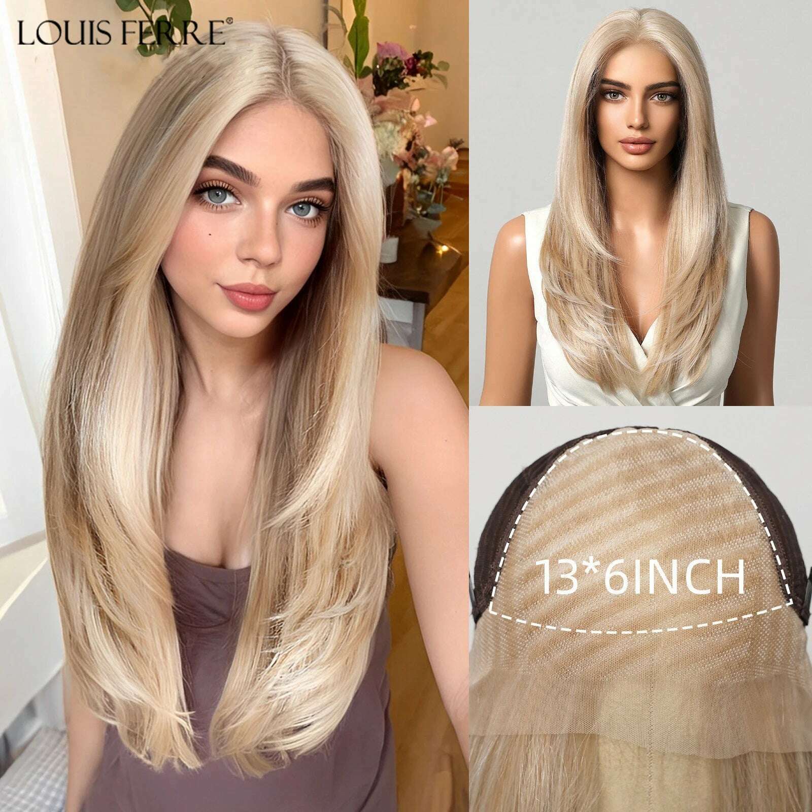 Long Straight Layered Lace Wigs for Women 22 Inches Platinum Blonde Highlights Hair 13*6 Lace Front Synthetic Wigs for Daily Use - KIMLUD