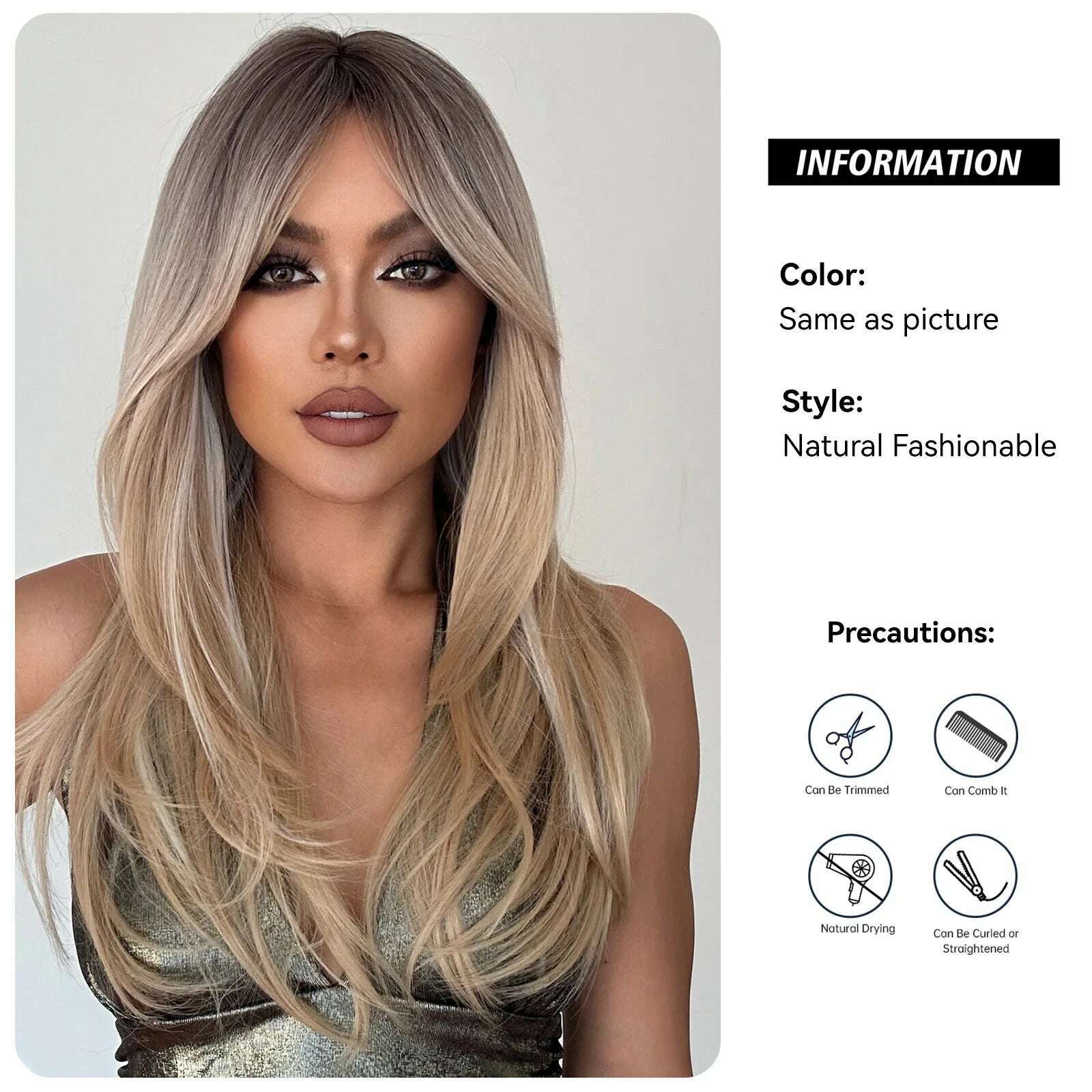 Long Straight Layered Wigs Blonde Platinum Highlight Wig with Bangs Cosplay Daily Use Natural Hair Heat Resistant Wig for Women - KIMLUD