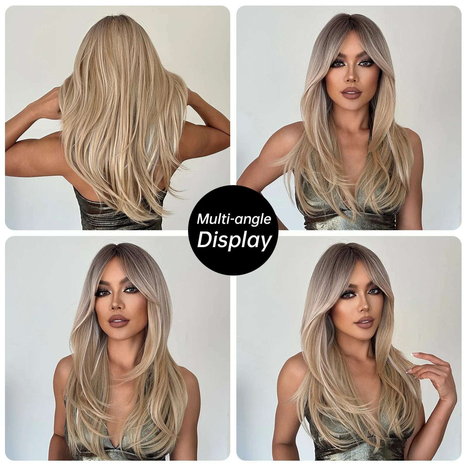 Long Straight Layered Wigs Blonde Platinum Highlight Wig with Bangs Cosplay Daily Use Natural Hair Heat Resistant Wig for Women - KIMLUD