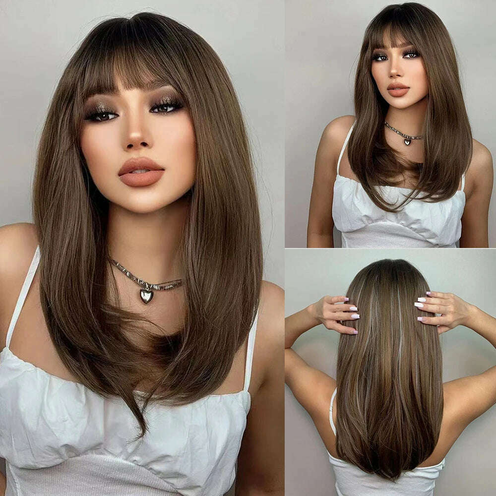 Long Straight Layered Wigs Blonde Platinum Highlight Wig with Bangs Cosplay Daily Use Natural Hair Heat Resistant Wig for Women - KIMLUD