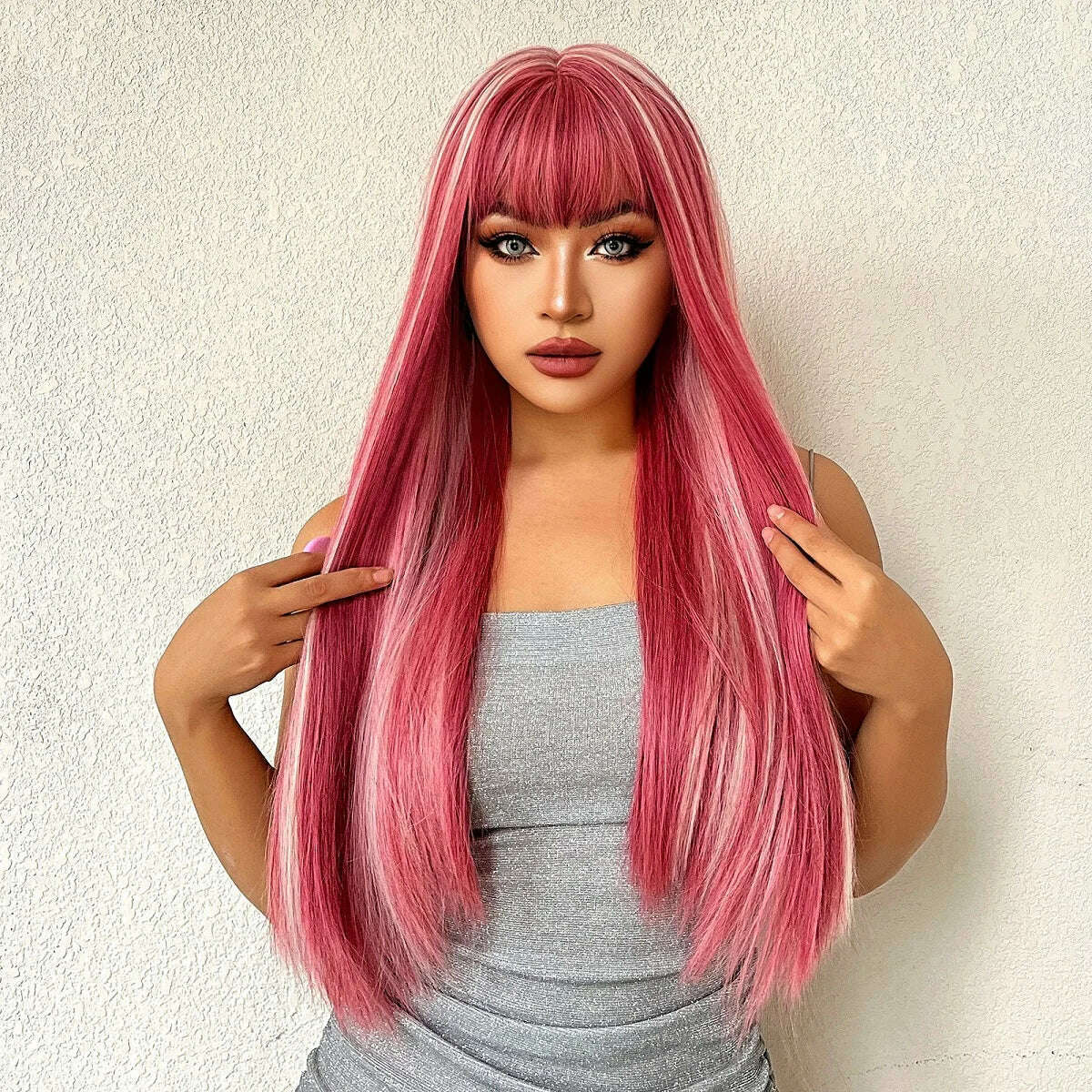 Long Straight Pink Mixed White Synthetic Wigs with Bangs Halloween Cosplay Colorful Wigs for Women Natural Hair Heat Resistant - KIMLUD