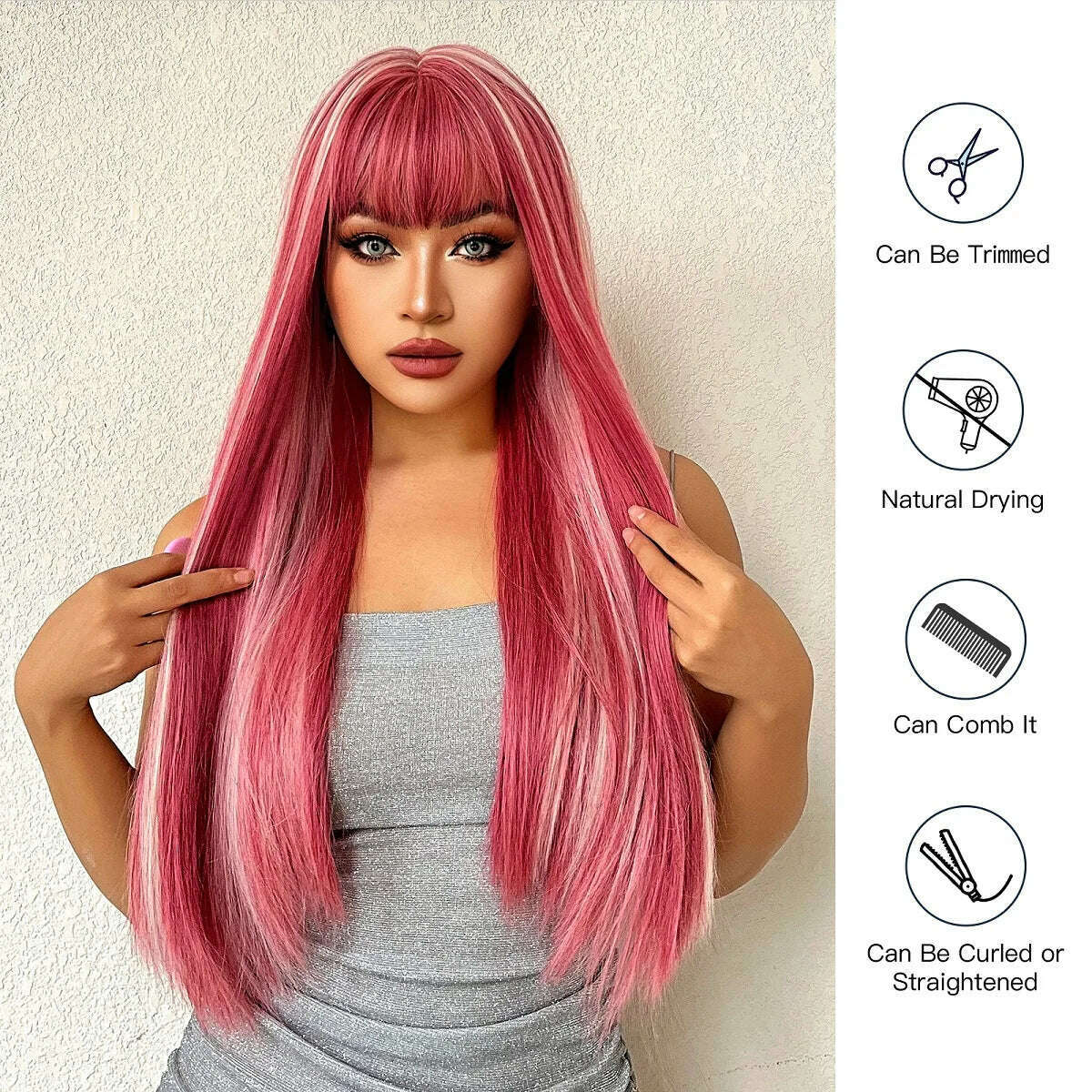 Long Straight Pink Mixed White Synthetic Wigs with Bangs Halloween Cosplay Colorful Wigs for Women Natural Hair Heat Resistant - KIMLUD