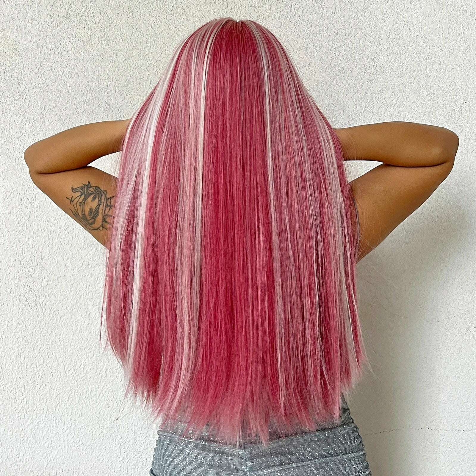 Long Straight Pink Mixed White Synthetic Wigs with Bangs Halloween Cosplay Colorful Wigs for Women Natural Hair Heat Resistant - KIMLUD