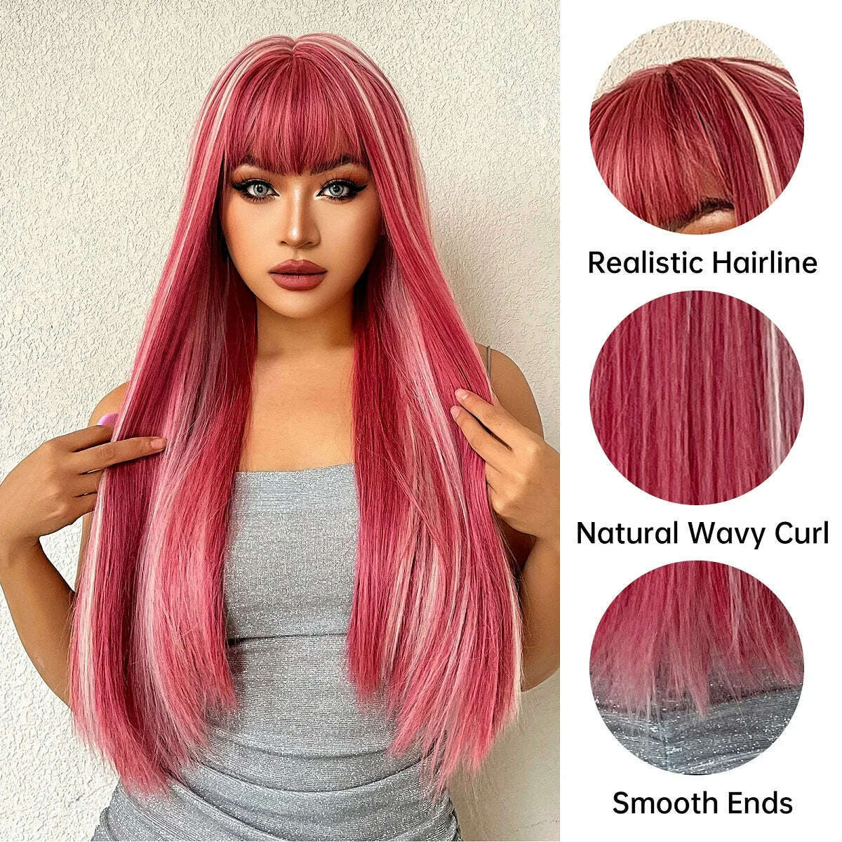 Long Straight Pink Mixed White Synthetic Wigs with Bangs Halloween Cosplay Colorful Wigs for Women Natural Hair Heat Resistant - KIMLUD