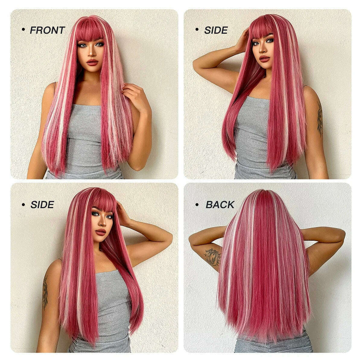 Long Straight Pink Mixed White Synthetic Wigs with Bangs Halloween Cosplay Colorful Wigs for Women Natural Hair Heat Resistant - KIMLUD