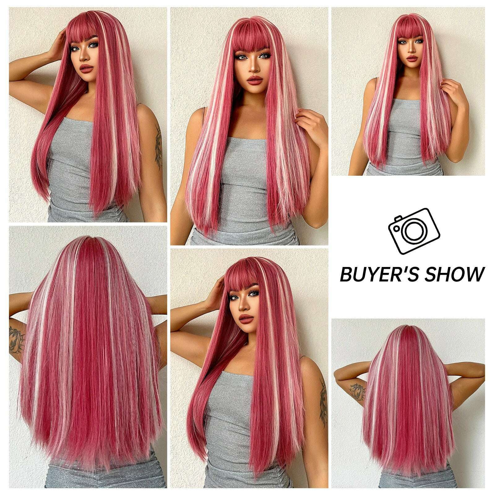 Long Straight Pink Mixed White Synthetic Wigs with Bangs Halloween Cosplay Colorful Wigs for Women Natural Hair Heat Resistant - KIMLUD