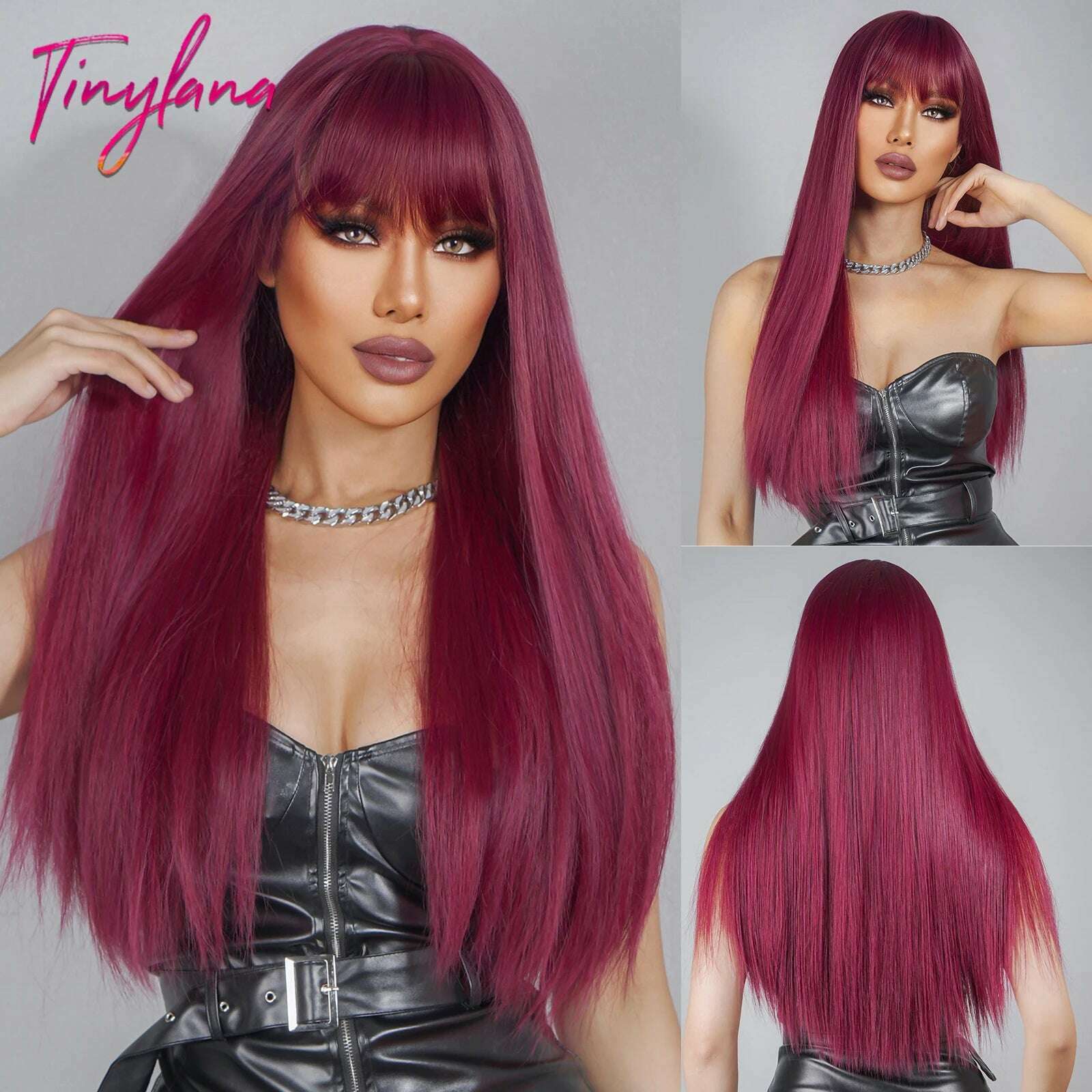 Long Straight Pink Mixed White Synthetic Wigs with Bangs Halloween Cosplay Colorful Wigs for Women Natural Hair Heat Resistant - KIMLUD