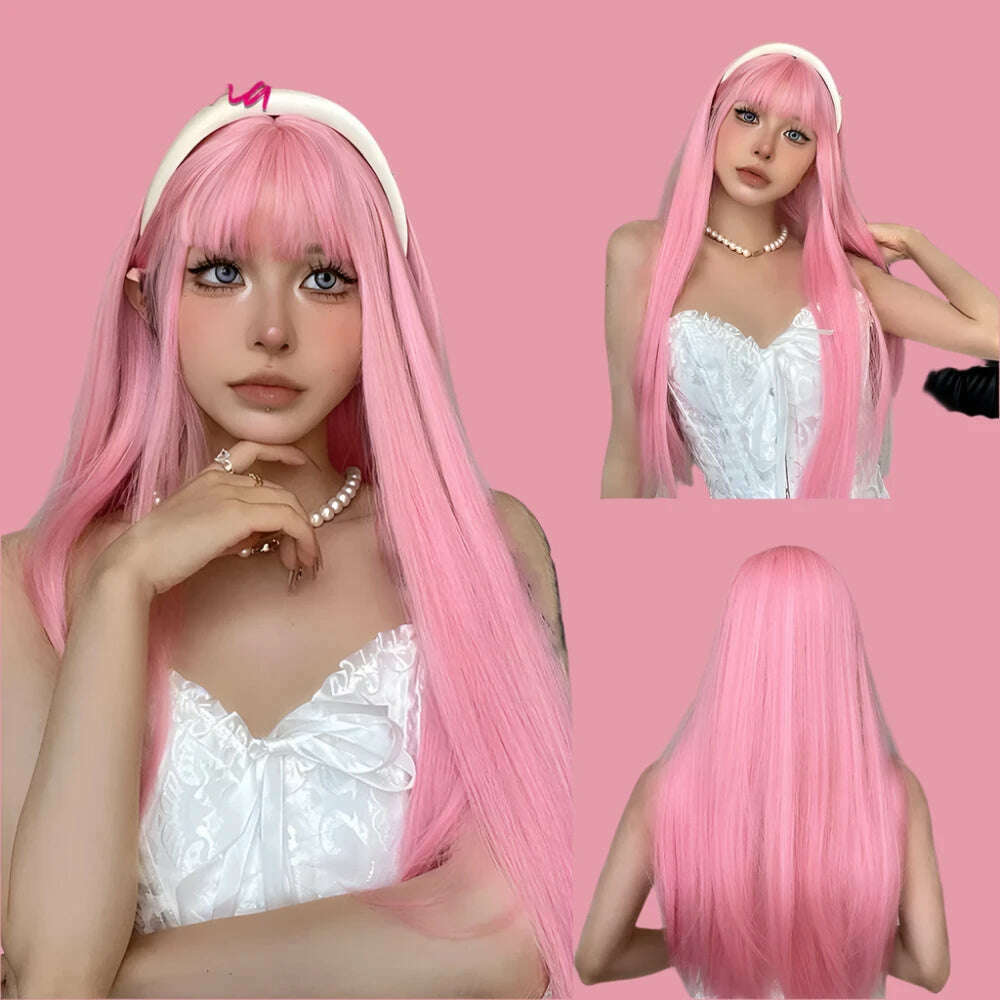 Long Straight Pink Mixed White Synthetic Wigs with Bangs Halloween Cosplay Colorful Wigs for Women Natural Hair Heat Resistant - KIMLUD