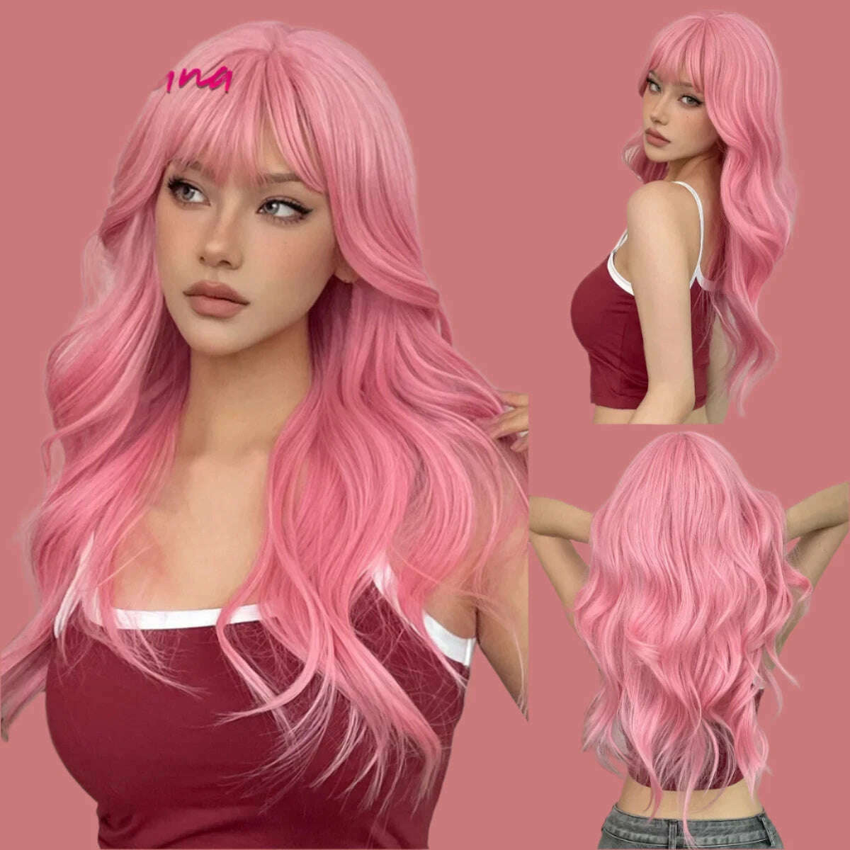 Long Straight Pink Mixed White Synthetic Wigs with Bangs Halloween Cosplay Colorful Wigs for Women Natural Hair Heat Resistant - KIMLUD