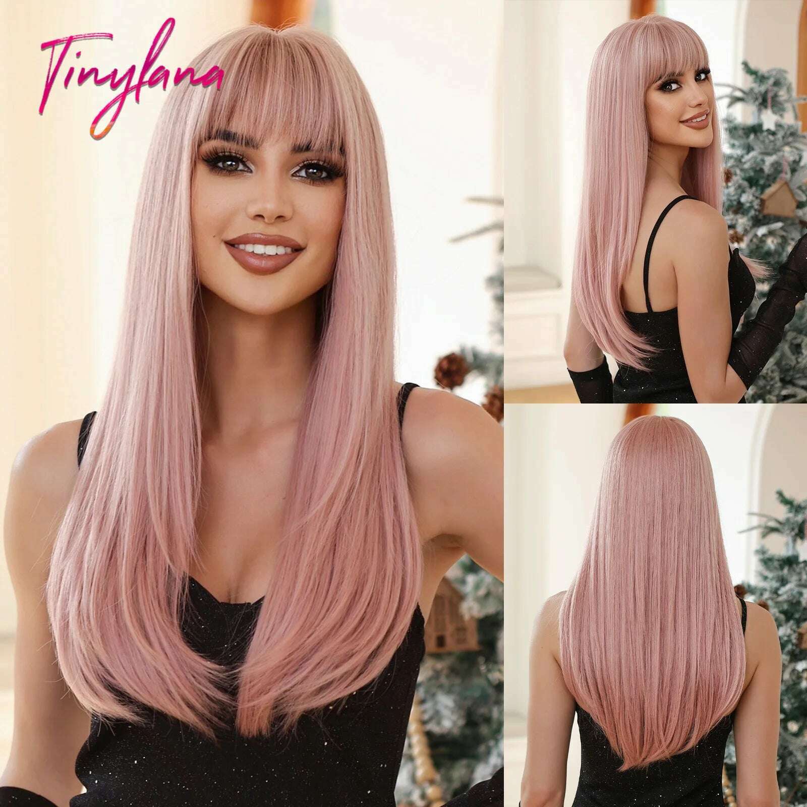 Long Straight Pink Mixed White Synthetic Wigs with Bangs Halloween Cosplay Colorful Wigs for Women Natural Hair Heat Resistant - KIMLUD