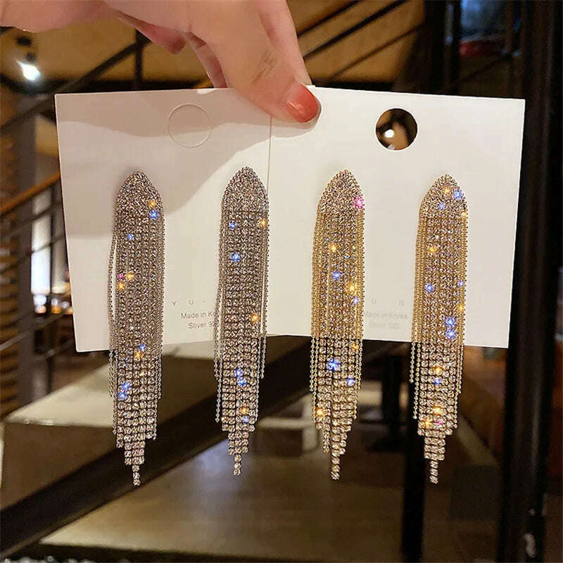 Long Tassel Earrings for Women Korean Crystal Leaf Drop Earring Girls Accessories Statement Gold Color Brincos Jewelry Gifts - KIMLUD
