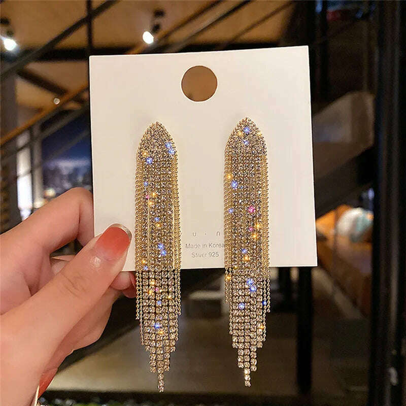 Long Tassel Earrings for Women Korean Crystal Leaf Drop Earring Girls Accessories Statement Gold Color Brincos Jewelry Gifts - KIMLUD