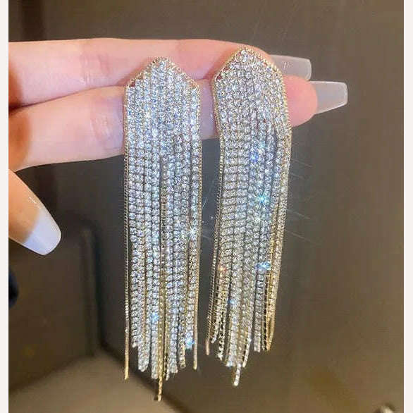 Long Tassel Rhinestone Drop Earrings for Women Oversize Crystal Dangle Earrings Fashion Wedding Jewelry Gift - KIMLUD