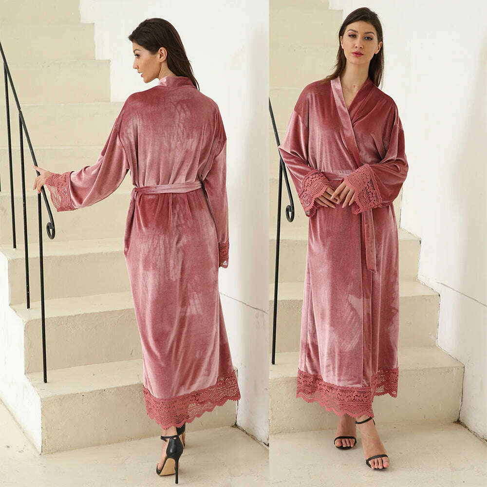 Long Velvet Robes with Lace Robe Women Bride Bridesmaid Kimono Bathrobe Party Soft Lady Wedding Homewear Warm Velvet Robe Gown - KIMLUD