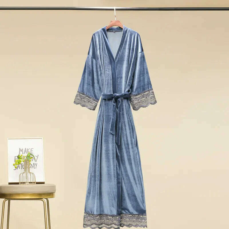 Long Velvet Robes with Lace Robe Women Bride Bridesmaid Kimono Bathrobe Party Soft Lady Wedding Homewear Warm Velvet Robe Gown - KIMLUD