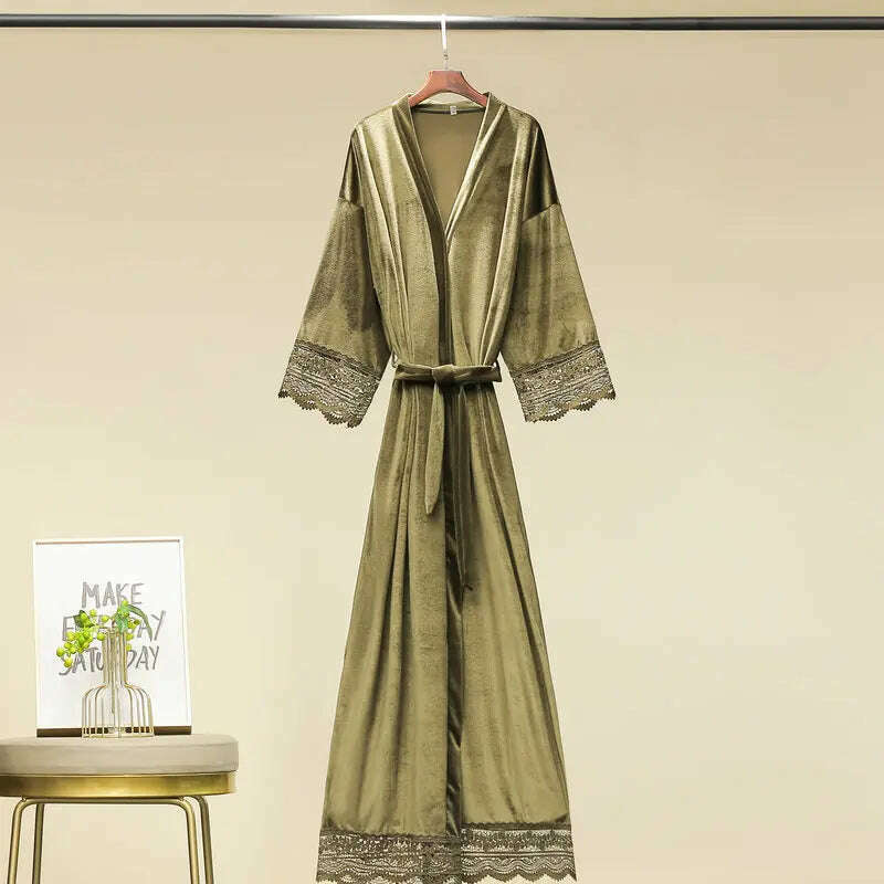 Long Velvet Robes with Lace Robe Women Bride Bridesmaid Kimono Bathrobe Party Soft Lady Wedding Homewear Warm Velvet Robe Gown - KIMLUD