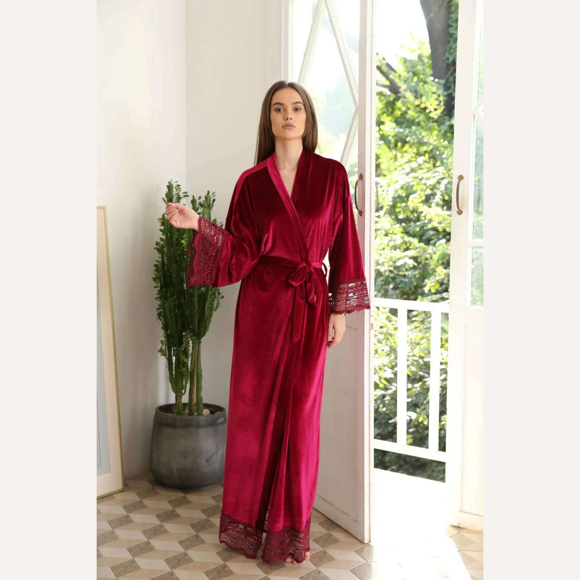 KIMLUD, Long Velvet Robes with Lace Robe Women Bride Bridesmaid Kimono Bathrobe Party Soft Lady Wedding Homewear Warm Velvet Robe Gown, Burgundy / Plus size, KIMLUD APPAREL - Womens Clothes