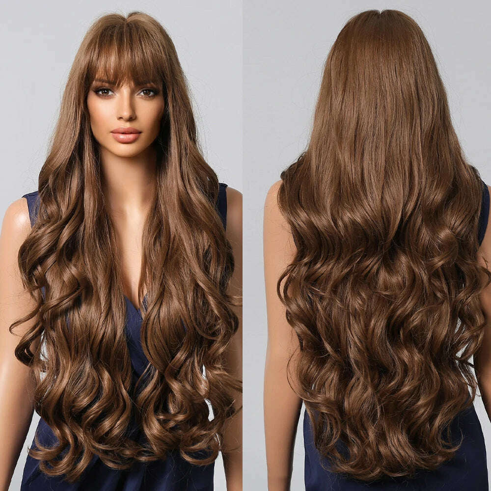 Loose Body Wave Synthetic Wigs Long Brown Blonde Ombre Wig with Bangs Wave Curl Wigs for Black Women Heat Resistant Daily Party - KIMLUD