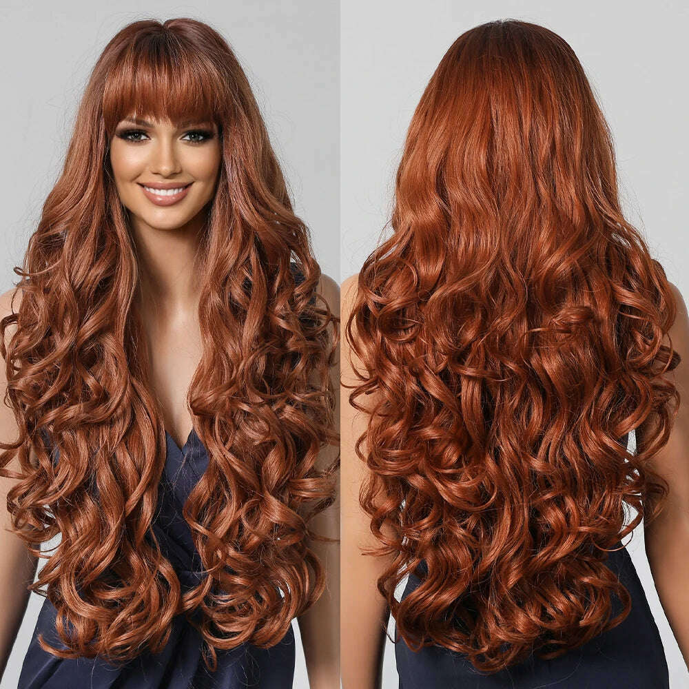 Loose Body Wave Synthetic Wigs Long Brown Blonde Ombre Wig with Bangs Wave Curl Wigs for Black Women Heat Resistant Daily Party - KIMLUD