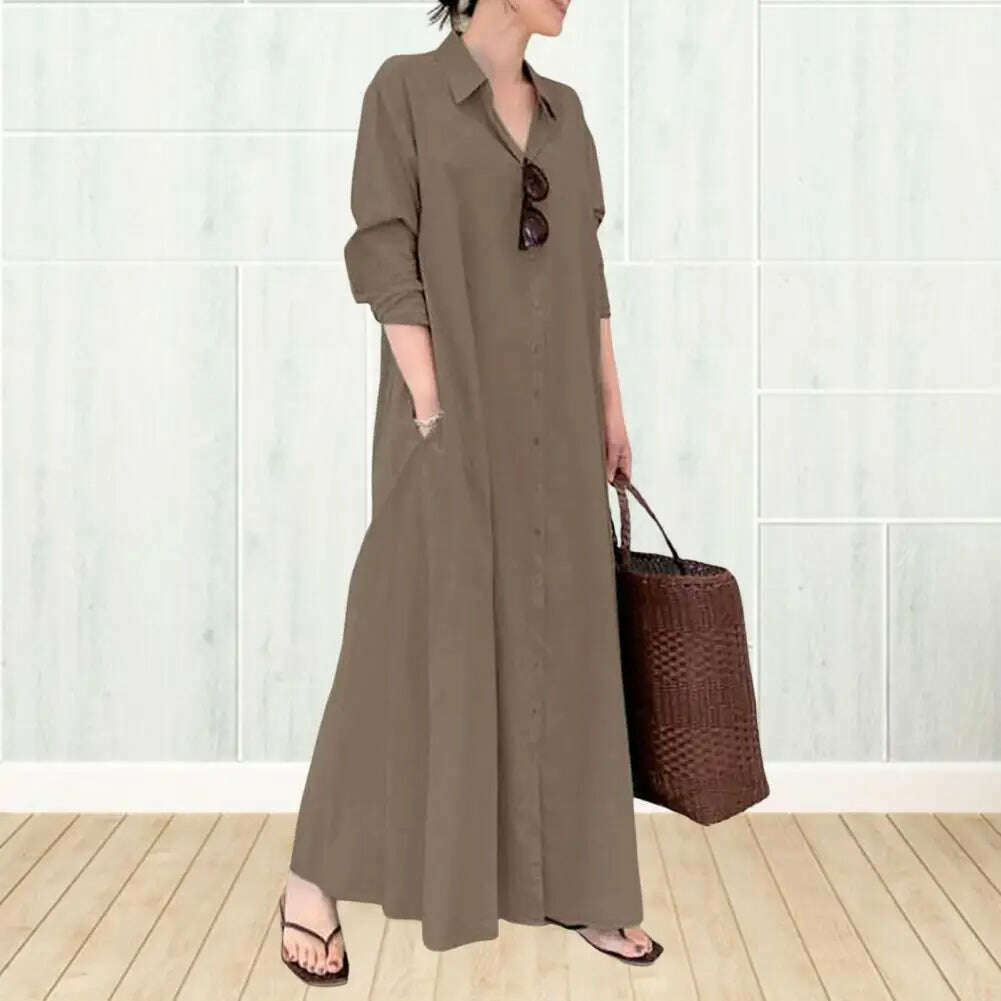 Loose Cut Button Closure Dress Spring Maxi Dress with Turn-down Collar Single-breasted Long Sleeve Ankle Length Women's Loose - KIMLUD