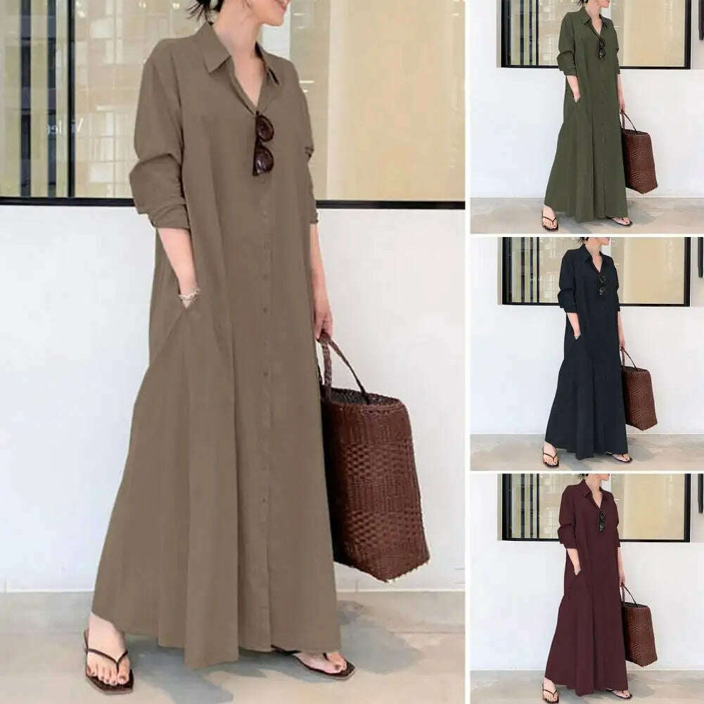 Loose Cut Button Closure Dress Spring Maxi Dress with Turn-down Collar Single-breasted Long Sleeve Ankle Length Women's Loose - KIMLUD