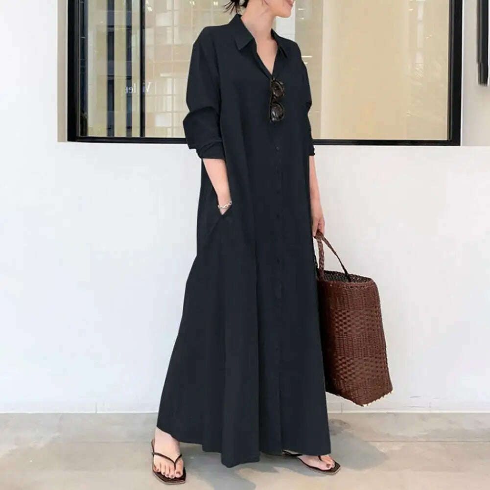 Loose Cut Button Closure Dress Spring Maxi Dress with Turn-down Collar Single-breasted Long Sleeve Ankle Length Women's Loose - KIMLUD