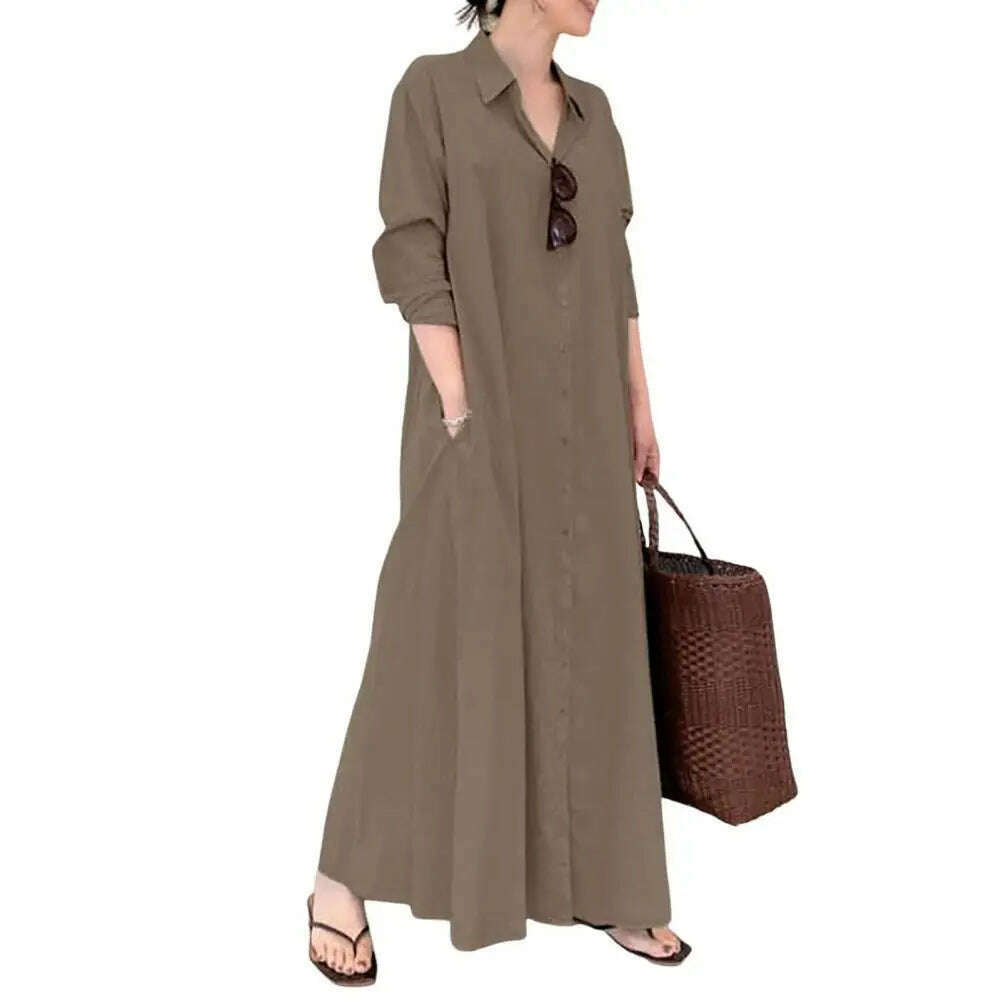 KIMLUD, Loose Cut Button Closure Dress Spring Maxi Dress with Turn-down Collar Single-breasted Long Sleeve Ankle Length Women's Loose, Coffee / M / China, KIMLUD APPAREL - Womens Clothes