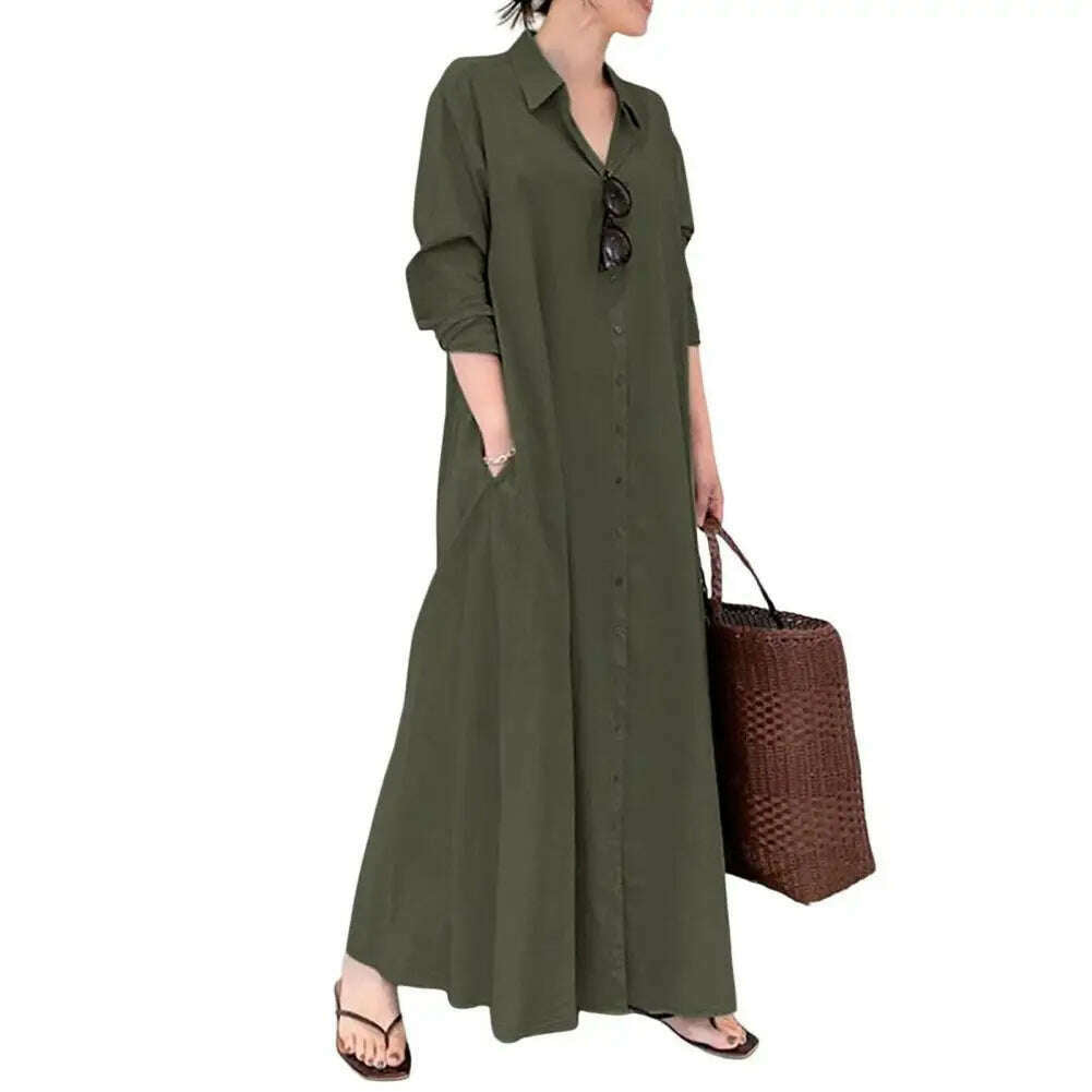 KIMLUD, Loose Cut Button Closure Dress Spring Maxi Dress with Turn-down Collar Single-breasted Long Sleeve Ankle Length Women's Loose, Army Green / 2XL / China, KIMLUD APPAREL - Womens Clothes