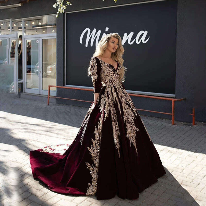 KIMLUD, LORIE Ball Gown Formal Burgundy Evening Dresses Gold Lace Appliqued Dubai Arabic Celebrity V Neck Long Sleeve Pageant Prom Gowns, Burgundy / 4, KIMLUD APPAREL - Womens Clothes