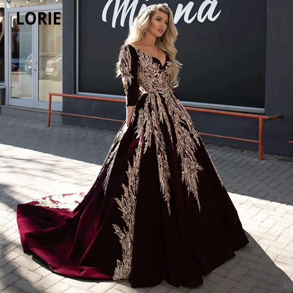 KIMLUD, LORIE Ball Gown Formal Burgundy Evening Dresses Gold Lace Appliqued Dubai Arabic Celebrity V Neck Long Sleeve Pageant Prom Gowns, black / 4, KIMLUD APPAREL - Womens Clothes