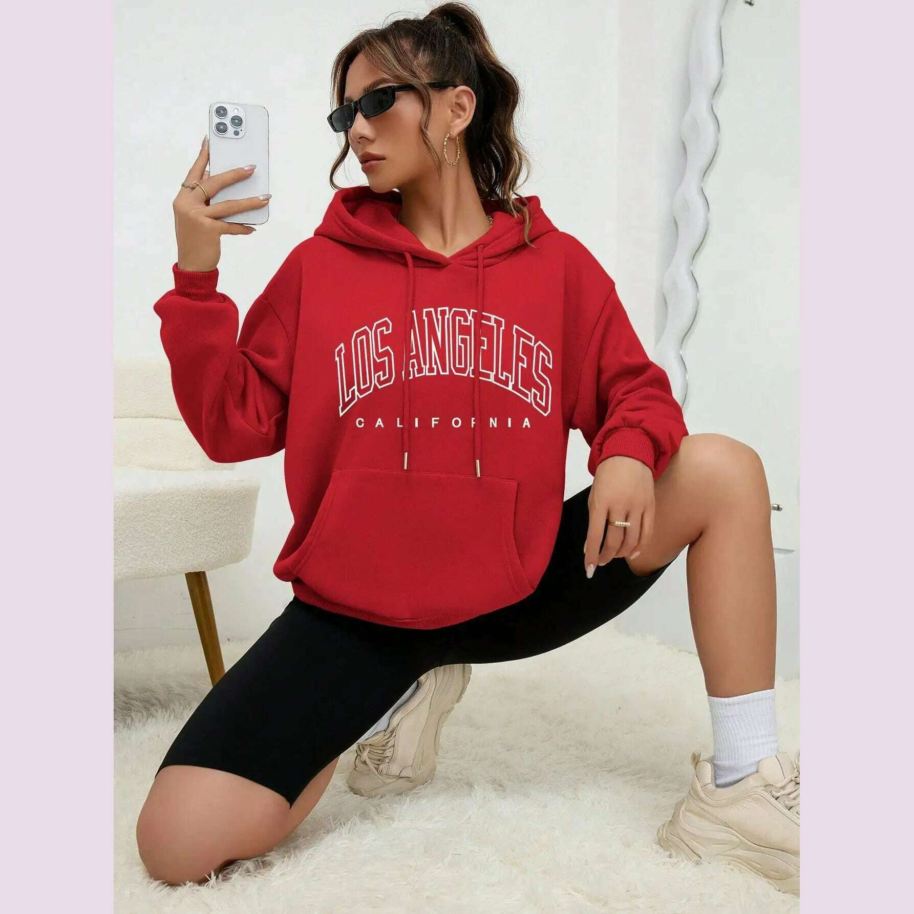 KIMLUD, Los Angeles Art Letter Design Women Streetwear American Style Fashion Sweatshirt Autumn Hip Hop Female Hoodies Casual Fleece Top, Red / XXL, KIMLUD APPAREL - Womens Clothes